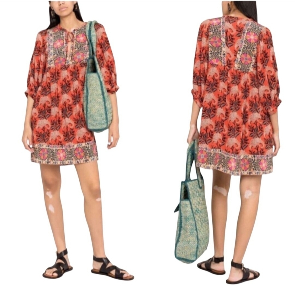 BA&SH Gaia Tunic Dress Autumnal Orange Floral Babydoll 3/4 Balloon Sleeve Size M